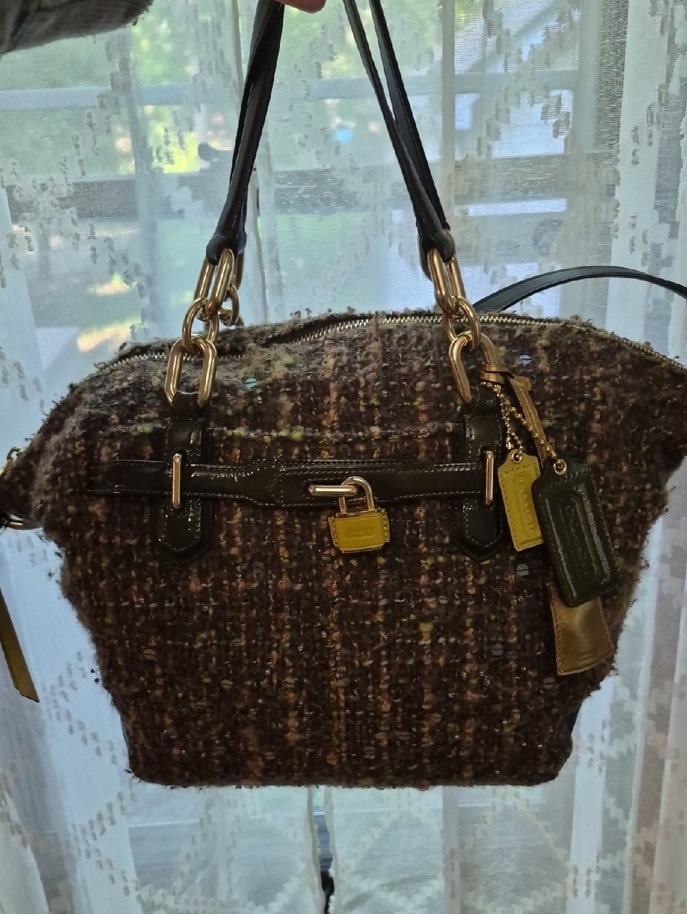 Coach Chelsea Tweed Satchel Dark Brown Leather Trim Green Accents Gold Tone